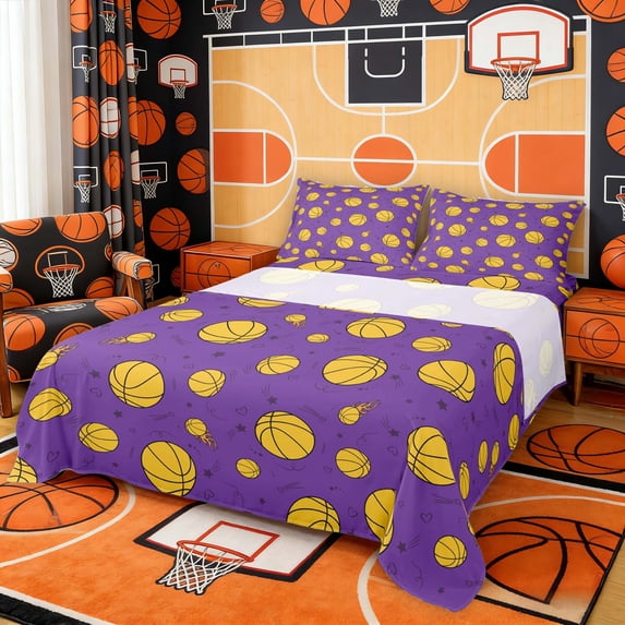 Erosebridal Purple Basketball Pattern Queen Sheet Sets, Sport Bed Set for Boys and Girls, 4pcs, 1 Flat Sheet, 1 Fitted Sheet and 2 Pillowcases
