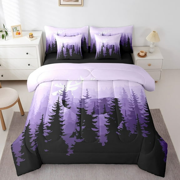 Erosebridal Purple Black Jungle Bedding Sets Queen Size, Moose Elk Comforter Sets With Sheets, Woodland Wildlife Animal Bed In A Bag Queen Size, Ultra Soft Bedroom Decor,7Pcs Reversible