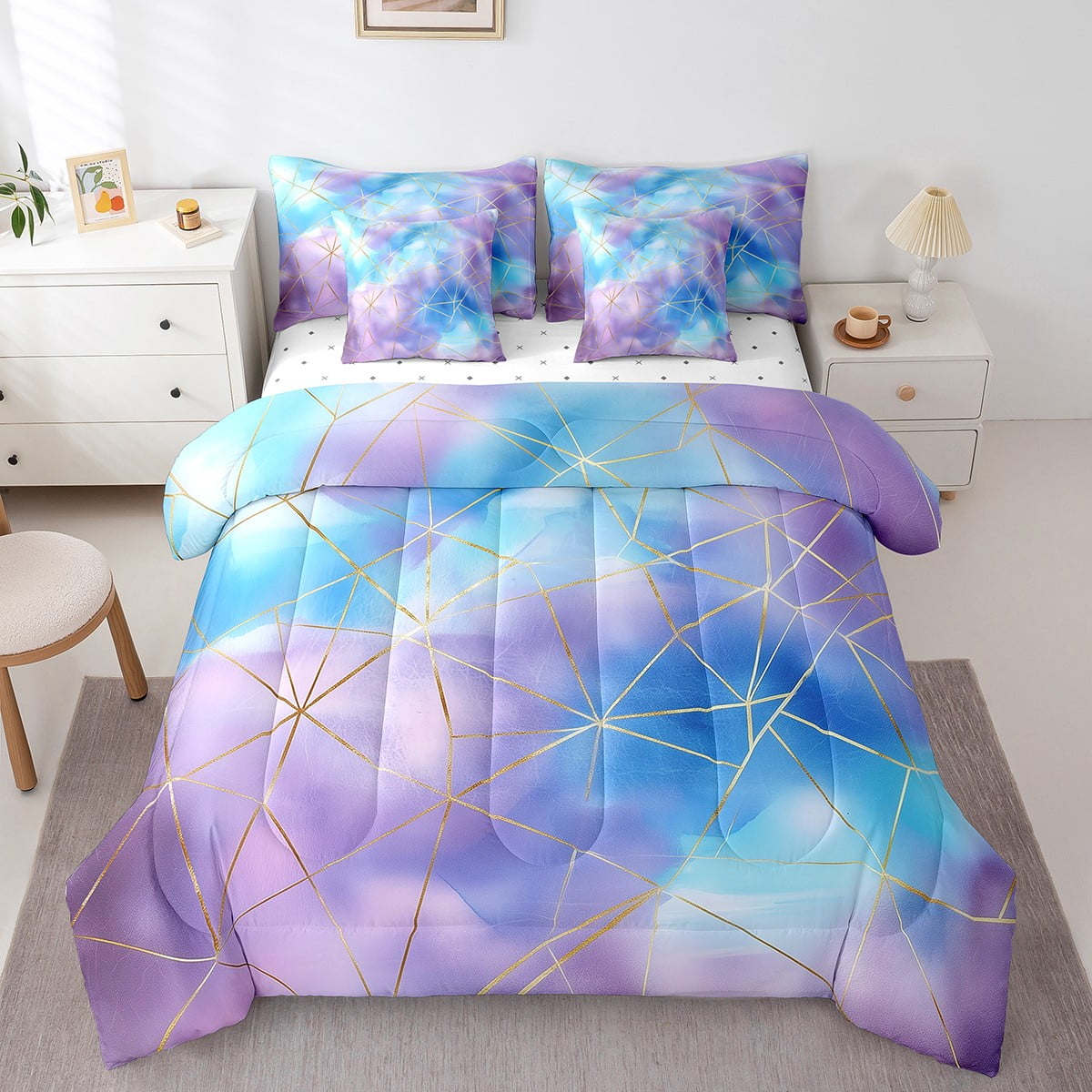 Erosebridal Purple Blue Tie Dye Bedding Full Size, Gold Abstract Lines Comforter Sets with Sheets, Watercolor Duvet Set, Super Cozy Bedroom Decor, Reversible 7-Piece