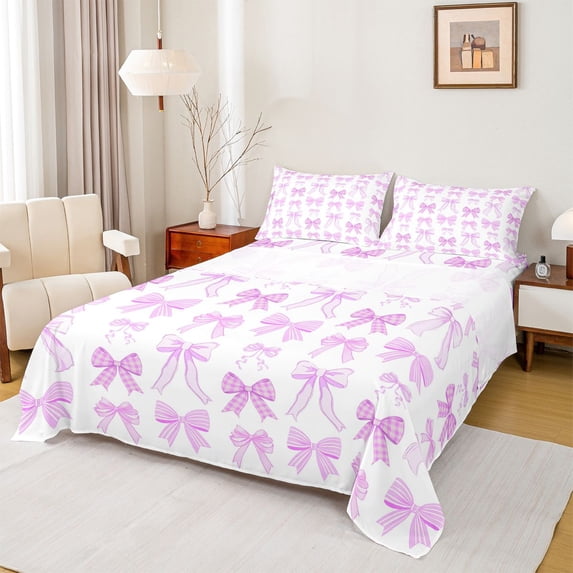 Erosebridal Purple Bow Full Size Sheets for Girls, Grid Princess Ribbon Bed Sheets, 4 Pieces
