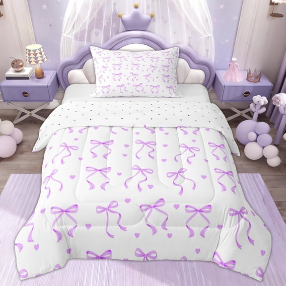 Erosebridal Purple Bow Heart Twin Comforter Sets, Dreamy Princess Style Bedding Set for Girls, 2pcs