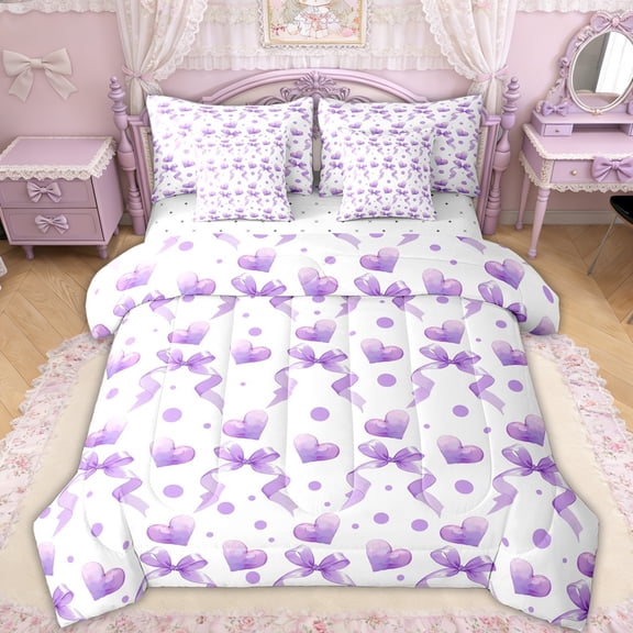 Erosebridal Purple Bow Ribbon Twin Bedding Sets for Girls Women, Cute Lavender Love Heart Bedding Comforter Set, Reversible, 7-Piece
