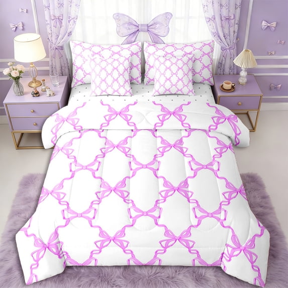 Erosebridal Purple Bow Tie Bedding Comforter Set 7pcs for Girls Women,Teens Geometric Plaid Grid Queen Bedding Sets,Breathable Home Decor