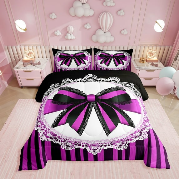 Erosebridal Purple Bow Tie Comforter Sets King Size, Abstract Geomrtry Comforters & Duvets, Princess Style Decor, Reversible