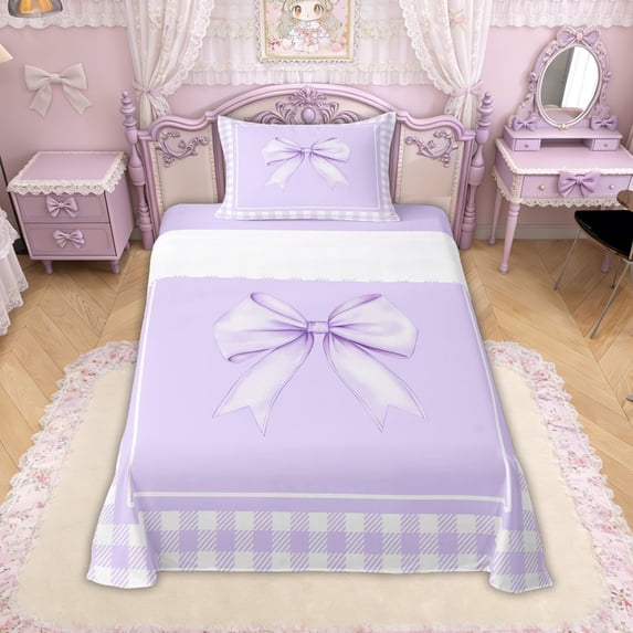 Erosebridal Purple Bow Twin Sheet Sets, Watercolor Bowknot Bedding for Girls, 3-Piece