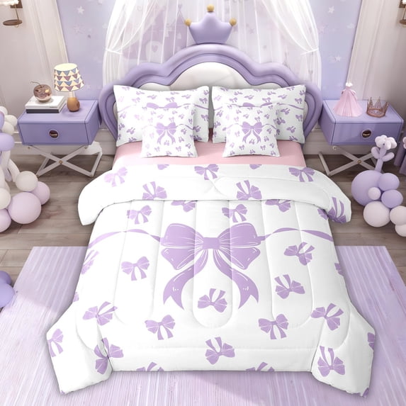 Erosebridal Purple Bow-tie Girls Bedding Comforter Set 7 Pieces, Princess Cartoon Full Bedding Set