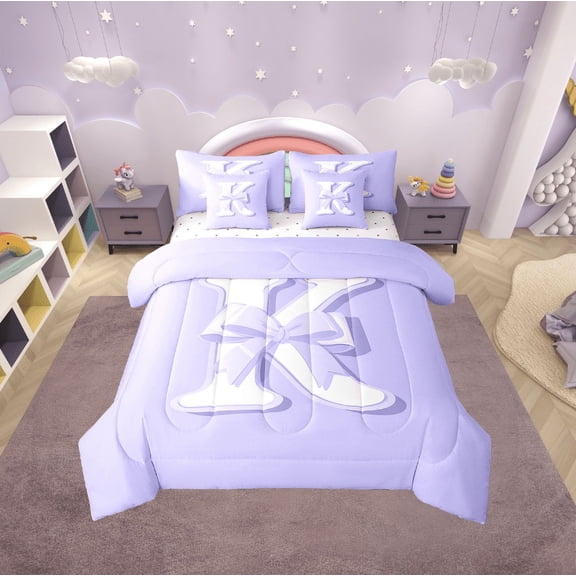 Erosebridal Purple Bowknot Bedding Queen Size, Initial Letter K Bed in a Bag Queen size, Cartoon Monogrammed Reversible Bed Set, Breathable Bedroom Decorative, 7pcs