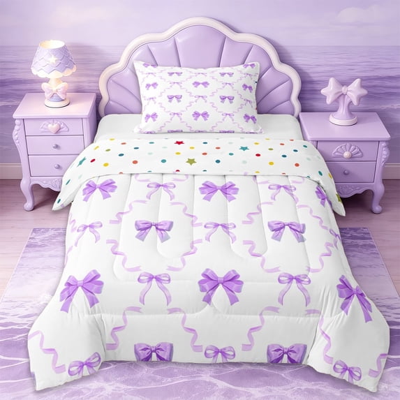 Erosebridal Purple Bowknot Twin Comforter Sets For Girls,Cute Bowtie Ribbon Kids Bedding Set,Reversible,2pcs