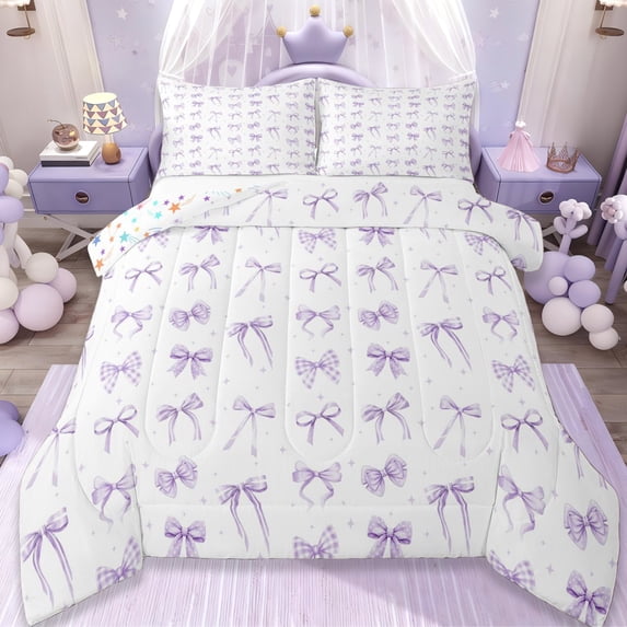 Erosebridal Purple Bowknots Full Size Comforter Sets For Girls,Dreamy Princess Bows Bedding Sets,Cartoon Stars Pattern, Reversible 3pcs