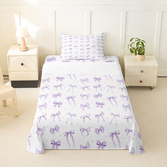 Erosebridal Purple Bowknots Twin Sheet Sets For Girls,Dreamy Princess Bows Bedding,Cartoon Stars Pattern 3 Pieces