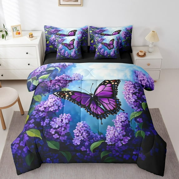Erosebridal Purple Butterfly 7 Piece Bedding Set Violet Lavender Flowers Comforter Set with Sheets Twin Size Room Decor Flying Butterfly Bed in a Bag Floral Bed Set