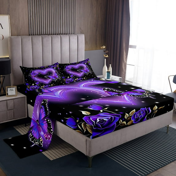 Erosebridal Purple Butterfly Bed Sheets Set,Twin Romantic Rose Sheet Set,Retro Flower Sheets,Valentine's Day Flat Fitted Sheet with 1 Pillowcase Deep Pockets