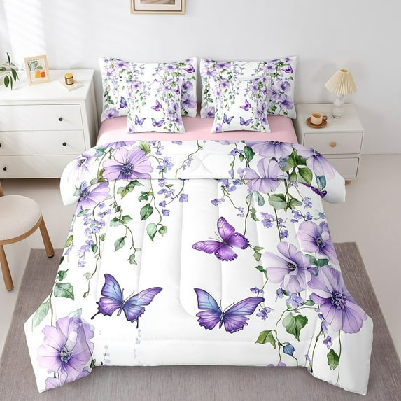 Erosebridal Purple Butterfly Bed in a Bag King size,Floral Flower Bedding King Size,Room Decoration,Reversible,7-Piece