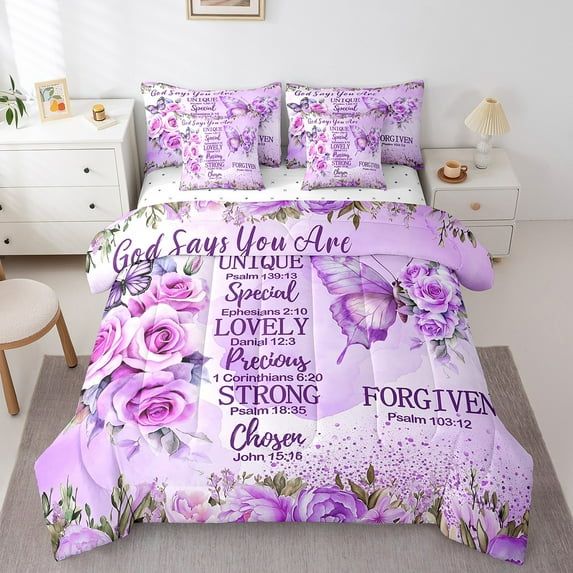 Erosebridal Purple Butterfly Bed in a Bag Queen size, Inspirational Quotes Bed Set, Rose Floral Decor, 7pcs