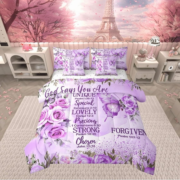 Violet Floral Comforter Set Twin,Purple Rose Bedding Set for Couple,Elegant Butterfly(Comforter+Fitted+Flat Sheet+2 Pillowcases+2 Pillow Covers) 7 Pieces with Love Motto,Valentine's Day