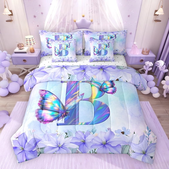 Erosebridal Purple Butterfly Bedding Comforter Set for Girls, Garden Flower Floral King Bedding Sets, B Letter, Reversible, 7pcs