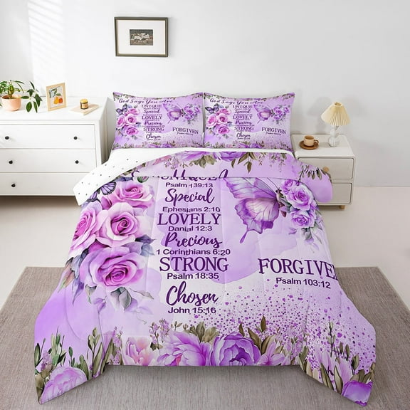 Erosebridal Purple Butterfly Bedding Sets King with Comforter, Inspirational Quotes Duvet Insert, Rose Floral Decor, 3pcs