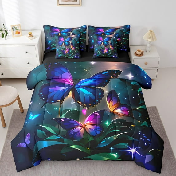 Erosebridal Purple Butterfly Bedding Sets Twin Size,Bling Stars Comforter Sets with Sheets,Kawaii Animal Bed in a Bag Twin size,Microfiber Wildlife Room Decoration,Reversible,7pcs
