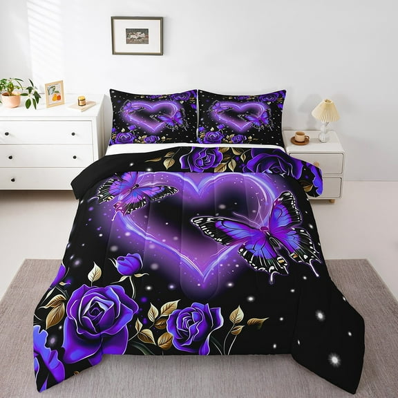 Erosebridal Purple Butterfly Comforter Set,Twin Romantic Rose Bedding Set,Retro Flower Down Comforter,Valentine's Day Reversible Bed Set with 1 Pillowcase for Bedroom