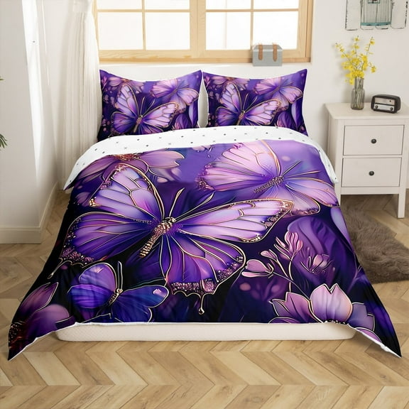 Erosebridal Purple Butterfly Duvet Cover Full, Chic Flower Floral Bedding Sets Full Size, Dreamy Animal Bed Set, Breathable Bedroom Decoration, Reversible 3pcs (No Comforter)