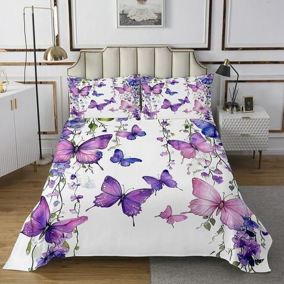 Erosebridal Purple Butterfly Quilt Sets for Twin Size Bed,Floral Flower Bed Set,Lightweight Bedroom Set,Dreamy Room Decorative,2-Piece