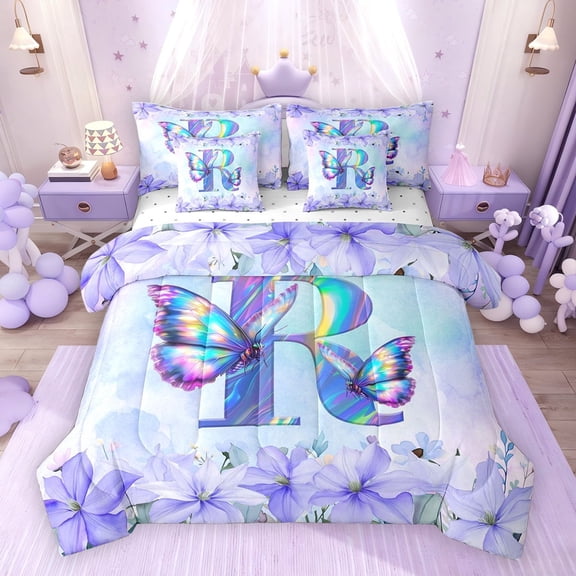 Erosebridal Purple Butterfly Twin Bedding Sets for Girls, Garden Flower Floral Bedding Comforter Set, R Letter, Reversible, 7-Piece
