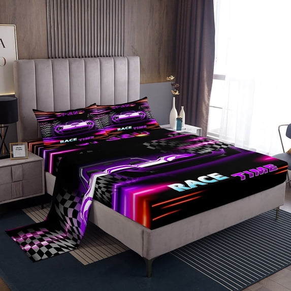 Erosebridal Purple Car Sheet Set Twin,Extreme Sport Bedding Sets Twin Size,Geometric Buffalo Twin Sheet Sets,Breathable Automobile Room Decor,3pcs