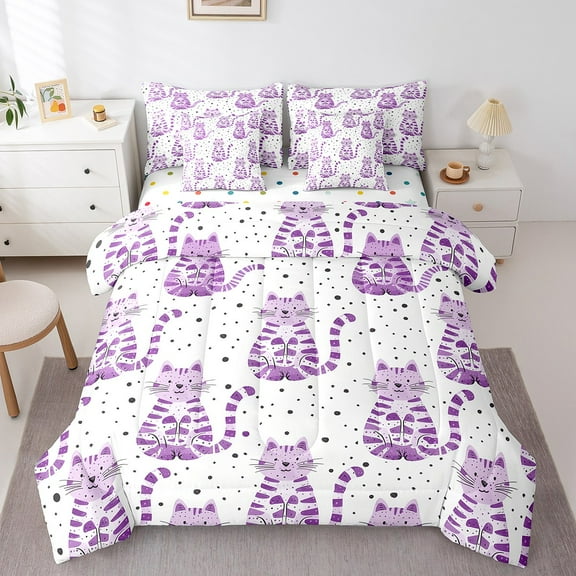Erosebridal Purple Cat Bed in a Bag Full size, Cute Kitten Bed Set, Polka Dot Reversible Bedding Full Size, Super Cozy Room Decorative, 7 Pieces