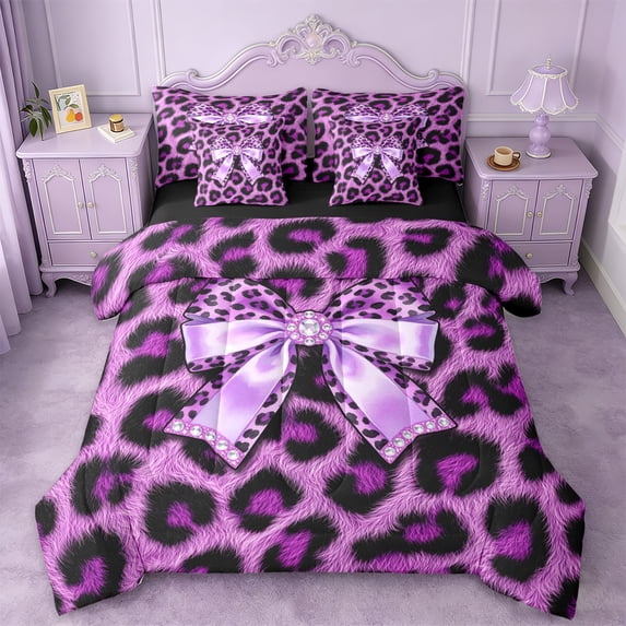 Erosebridal Purple Cheetah Pattern 7pcs Bedding Comforter Set For Kids,Cute Bow Queen Bedding Sets For Girls,Black Reversible