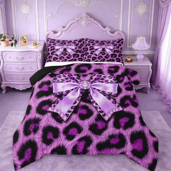 Erosebridal Purple Cheetah Pattern Queen Comforter Set For Kids,Cute Bow Bedding Comforter Set For Girls,Black Reversible,3-Piece