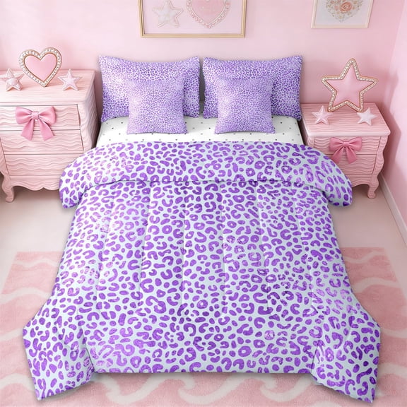 Erosebridal Purple Cheetah Print 7-Piece Twin Bedding Sets,Leopard Animal Texture Pattern Bedding Comforter Set For Girls Kids,Reversible