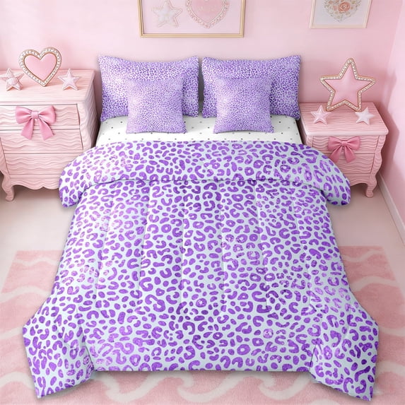 Erosebridal Purple Cheetah Print 7 Pieces Bedding Comforter Set,Leopard Animal Texture Pattern Full Bedding Set For Girls Kids,Reversible