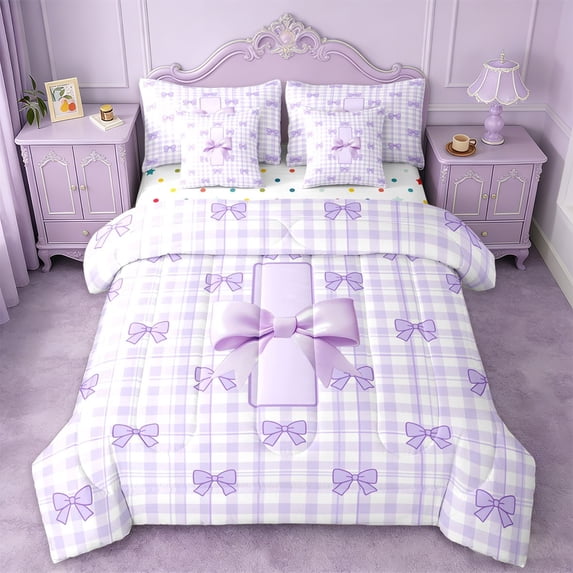 Erosebridal Purple Classic Checkered 7-Piece Bedding Comforter Set For Kids,Kawaii Letter I Initial Lettering King Bedding Sets For Bow Lover,Reversible