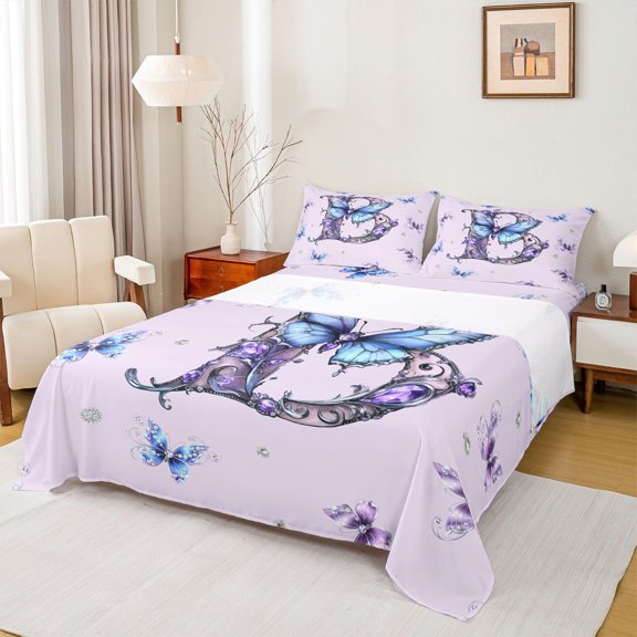 Erosebridal Purple Crystal Letter Monogrammed B Queen Sheet Sets 4 Pieces For Teens,Girls Flying Butterflies Bed Set,Breathable Home Decor