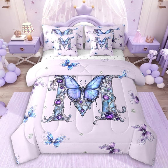 Erosebridal Purple Crystal Letter Monogrammed M Twin Bedding Sets 7-Piece For Teens,Girls Flying Butterflies Bedding Comforter Set,Luxury Bedroom Decor