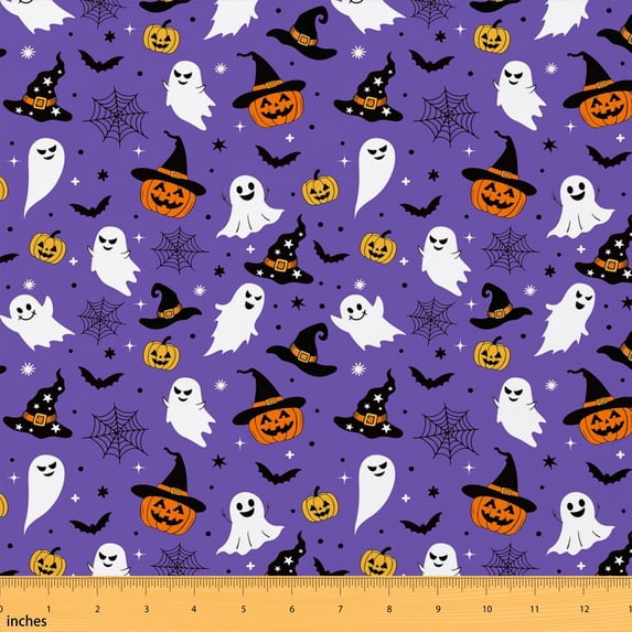 Erosebridal Purple Cute Halloween Fabric by the Yard 10 Yards, Ghost Pumpkin Witch Hat Bat Pattern Home Decor Fabric by the Yard