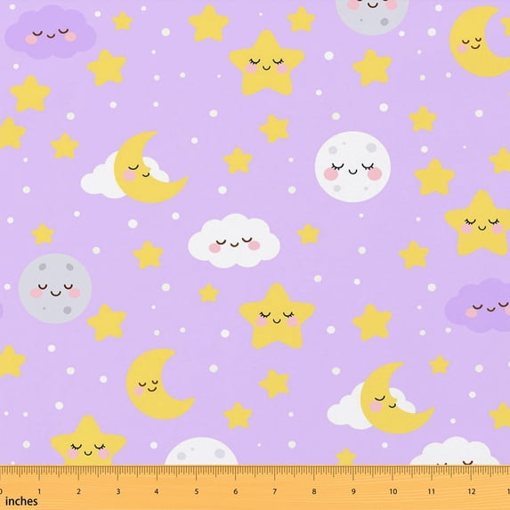 Erosebridal Purple Cute Moon Star Fabric by the Yard 1 Yard, Cloud Night Sky Home Decor Fabric by the Yard
