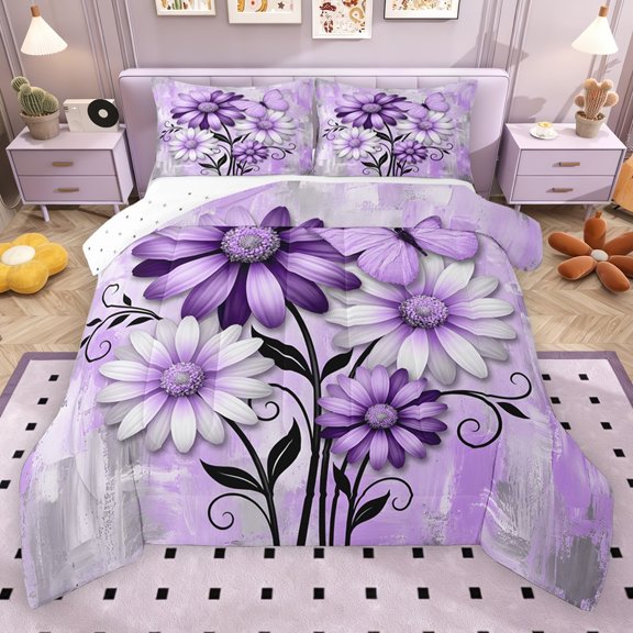 Erosebridal Purple Daisy Queen Comforter Set for Girls, Watercolor Ombre Bedding Comforter Set, Reversible, 3pcs