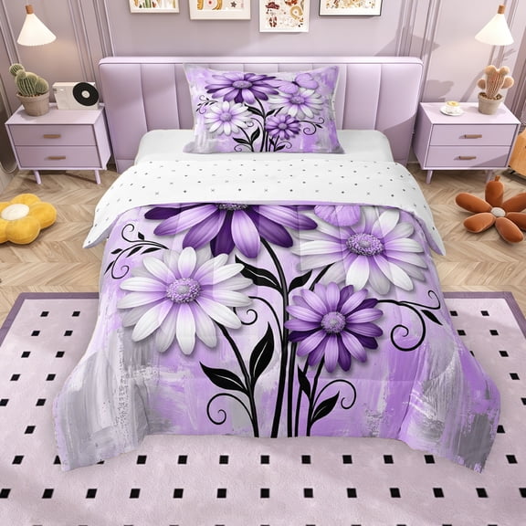 Erosebridal Purple Daisy Twin Comforter Sets for Girls, Watercolor Ombre Bedding Set, Reversible, 2pcs