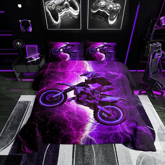 Erosebridal Purple Dirt Bike Comforter Sets Twin Size, Lightning Printed Comforters & Duvets, Reversible, 2 Pieces