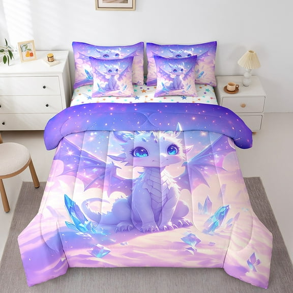 Erosebridal Purple Dragon Bedding Sets Full Size, Magic Animal Bedding Full Size, Cartoon Theme Reversible Comforter Sets with Sheets, Ultra Soft Room Decor, 7 Pieces