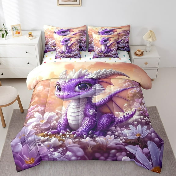 Erosebridal Purple Dragon Bedding Twin Size, 3D Animal Bedding Sets Twin Size, Cute Cartoon Reversible Bed Set, Ultra Soft Bedroom Decorative, 7pcs