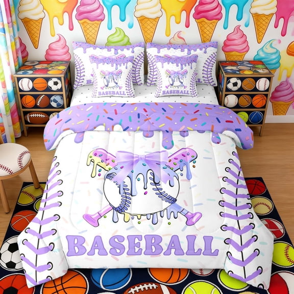 Erosebridal Purple Drip Bow Baseball Twin Bedding Sets, Cute Sport Bedding Comforter Set for Girls and Boys, Reversible 7pcs