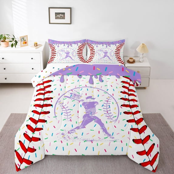 Erosebridal Purple Dripping Baseball Stitch & Batter Silhouette Graphic Full Size Comforter Sets 3 Pieces, Sport Graphic Bedding Sets for Boys And Girls Kids,Luxury Bedroom Decor