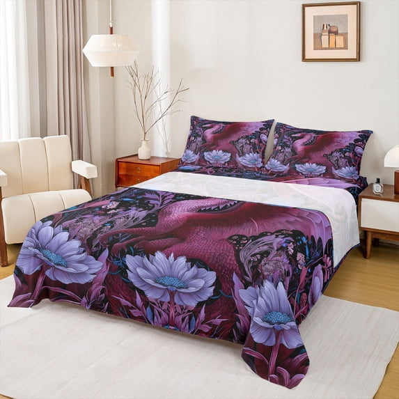 Erosebridal Purple Floral Dragon Bed Sheets 4pcs For Teens,Exotic Style Animal Flowers King Sheets For Boys Girls