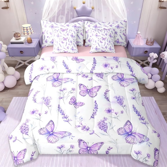 Erosebridal Purple Floral Lavender 7-Piece Bedding Comforter Set,Cute Butterfly Flying Animals King Bedding Sets For Girly,Reversible