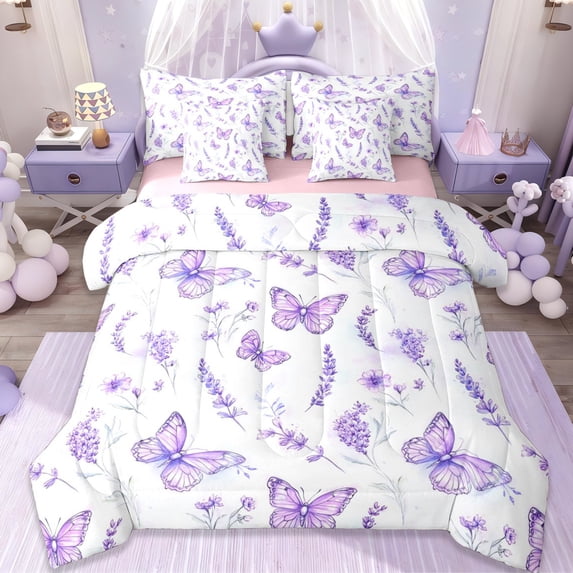Erosebridal Purple Floral Lavender 7-Piece Bedding Comforter Set,Cute Butterfly Flying Animals King Bedding Sets For Girly,Reversible
