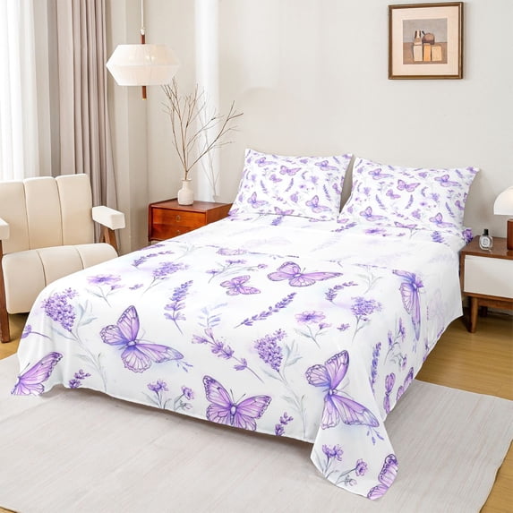 Erosebridal Purple Floral Lavender Bed Sheets,Cute Butterfly Flying Animals King Sheets For Girly 4-Piece