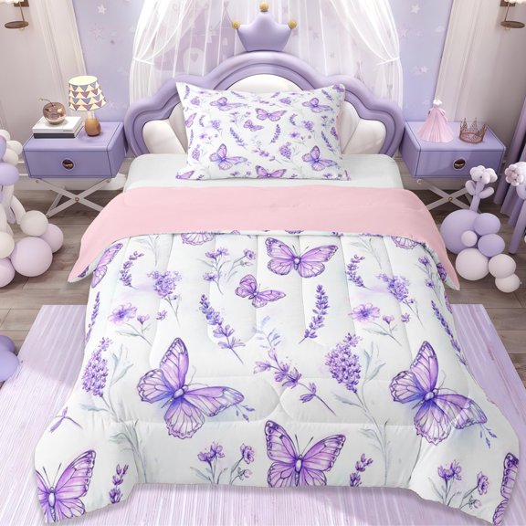 Erosebridal Purple Floral Lavender Twin Comforter Sets,Cute Butterfly Flying Animals Bedding Set For Girly, Reversible 2-Piece