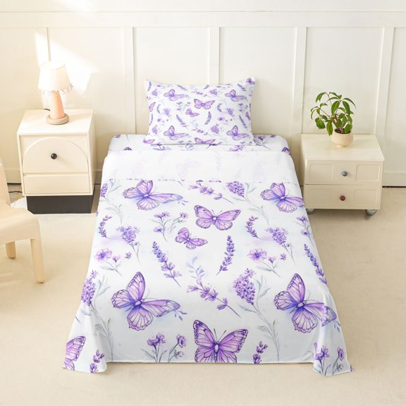 Erosebridal Purple Floral Lavender Twin Sheet Sets,Cute Butterfly Flying Animals Bedding For Girly 3-Piece